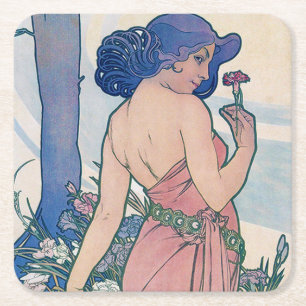 Nelke (vier Blume), Alphonse Mucha Rechteckiger Pappuntersetzer