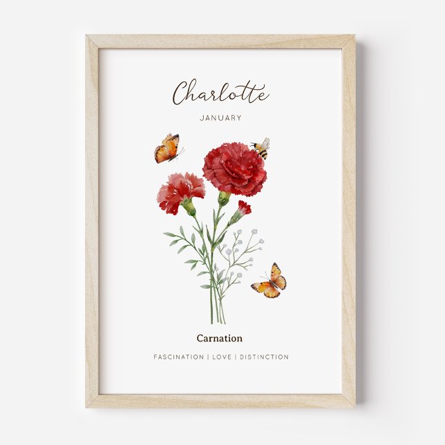Nelken-Geburtsmonats-Blumenposter Poster (Example of carnation birth flower poster once framed. )