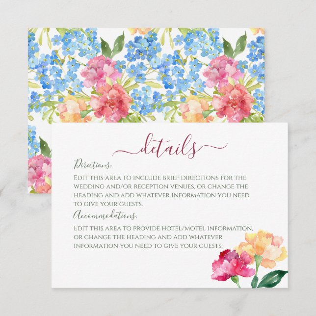 Nelken & Vergessen Sie mir keine Hochzeitsdetails Begleitkarte (Vorne/Hinten)