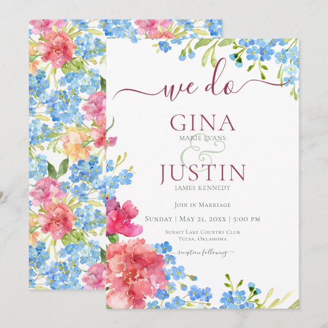 Nelken & Vergiss mich Nots Hochzeit Einladung (Vorne/Hinten)