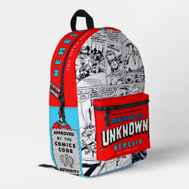 NEMESIS: Der Super-Geist-Rucksack  Bedruckter Rucksack (Rückseitige Ecke links)