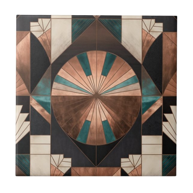 Neo Art Deco Geometric Teal Copper Gold Sunburst Fliese (Vorderseite)