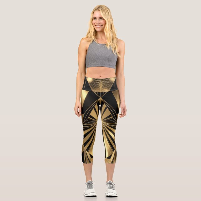 Neo Art Deco Schwarz Gold Geometrisch Gatsby Capri Leggings (Vorderseite)