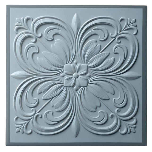 Neo Classic Floral Blue Gray Imitats Relief Fliese (Vorderseite)