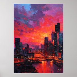 Neo Expressionist Bangkok Skyline Vibrant Sunset Poster