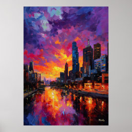 Neo Expressionist Melbourne Skyline Vibrant Sunset Poster