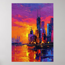 Neo Expressionist Mumbai Skyline Vibrant Sunset Poster