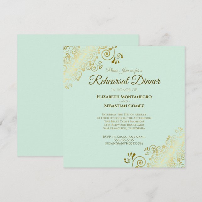 Neo Mint & Gold Hochzeit Probe Dinner Square Einladung (Vorne/Hinten)