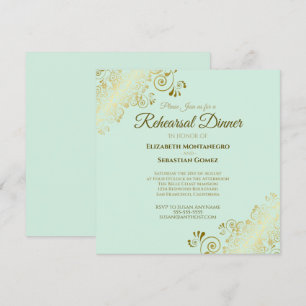Neo Mint & Gold Hochzeit Probe Dinner Square Einladung