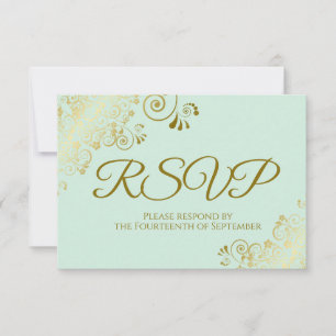 Neo Mint Green & Elegant Gold Lace Frilly Wedding RSVP Karte