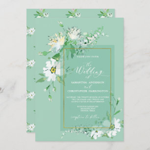 Neo Mint Green Gold Rustikal Painted Floral Weddin Einladung