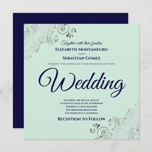 Neo Mint Green & Navy Blue Elegante Square Wedding Einladung (Vorne/Hinten)