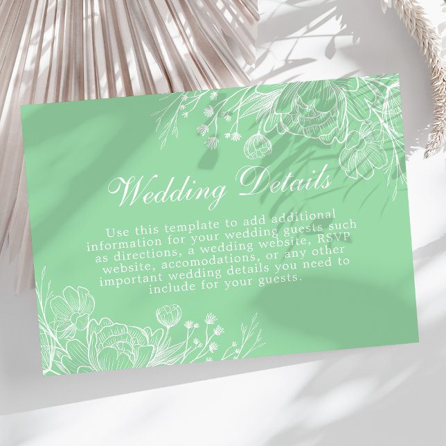Neo Mint Modern White Floral Wedding Details Card Begleitkarte (Von Creator hochgeladen)
