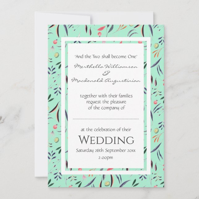 Neo Mint Personalisiert Floral WEDD Einladung (Vorderseite)