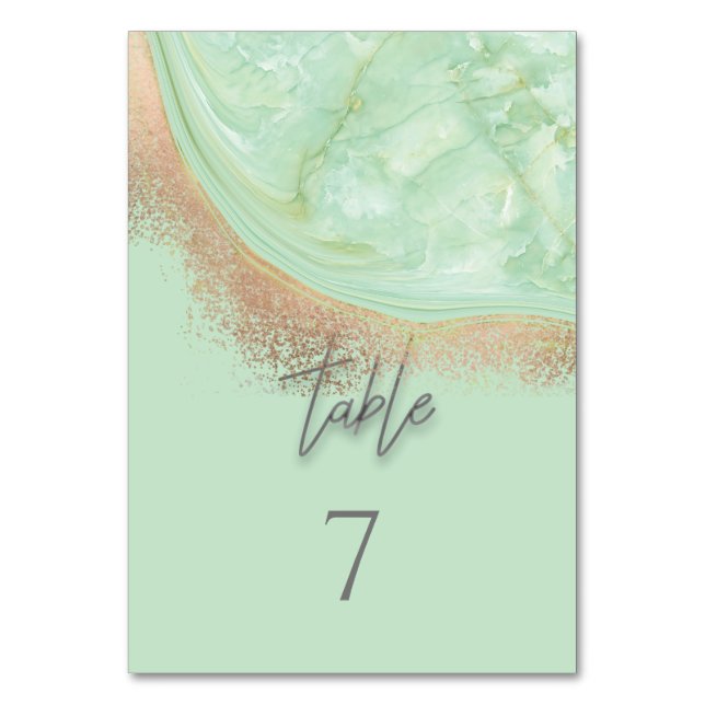 Neo mint rosegold marmoragate Kalligraphie elegant Tischnummer (Vorderseite)