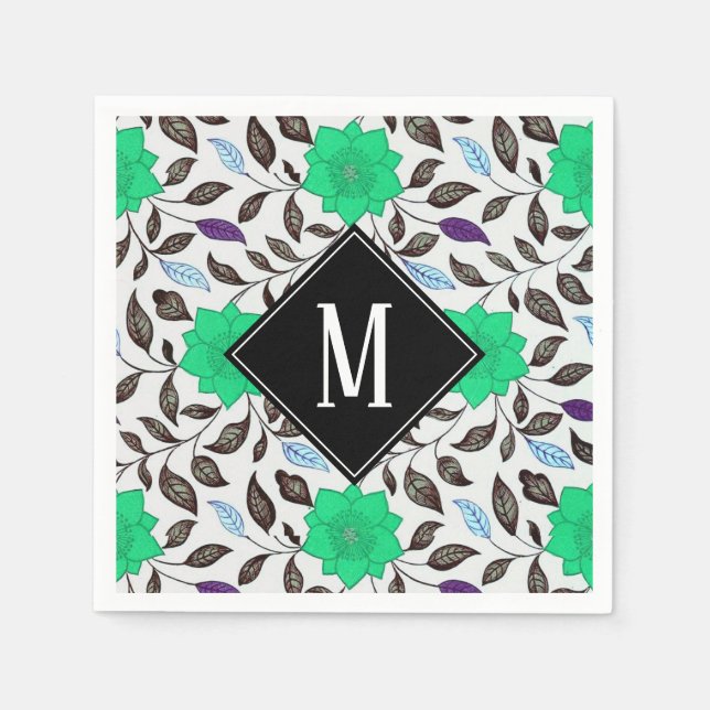 Neo-Mint-Vintage-Blumen-Mohn-Muster-Monogramm Serviette (Vorderseite)