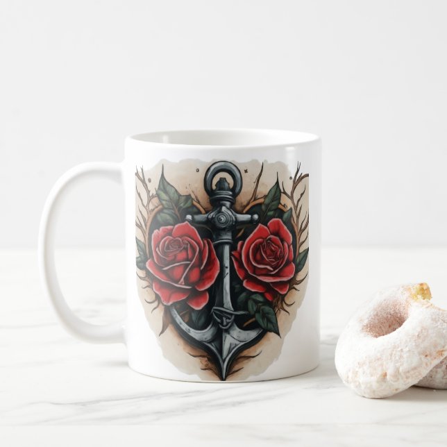 Neo-Traditionelle Rose und Anchor Tattoo Kaffeetasse (Mit Donut)