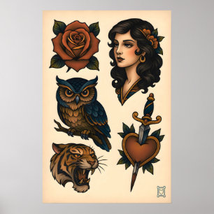Neo-Traditionelles Tattoo-Flash-Sheet-Matte-Kunst Poster