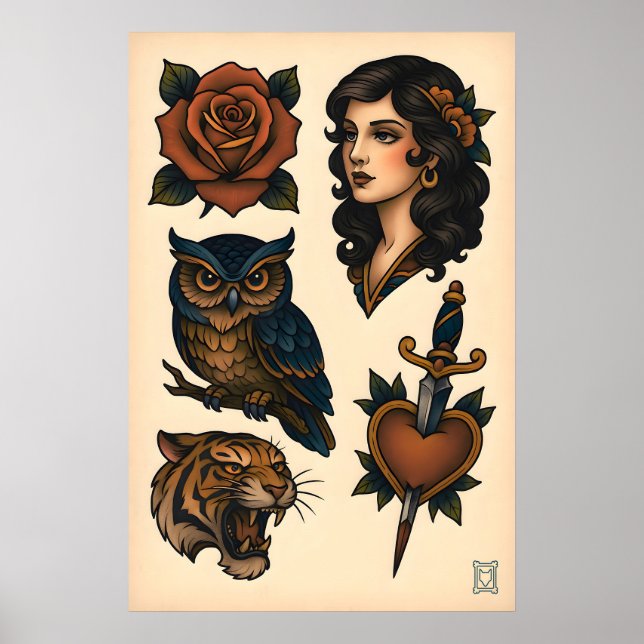 Neo-Traditionelles Tattoo-Flash-Sheet-Matte-Kunst Poster (Vorne)