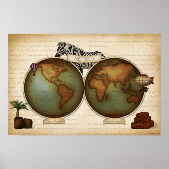 Neo-Viktorianischer Weltreiseratlas Steampunk Poster (Vorne)
