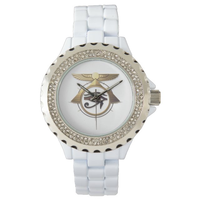 NeoAnkh 3D Golden Eye of Horus & Winged Sun Disk Armbanduhr (Vorderseite)