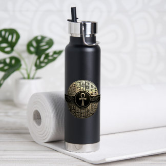 NeoAnkh 3D Golden geflügelter Ankh & Hieroglyphen Trinkflasche