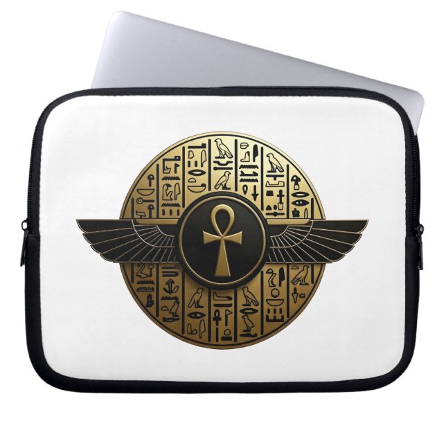 NeoAnkh 3D Golden Winged Ankh & Hieroglyphs Laptopschutzhülle (Vorderseite)