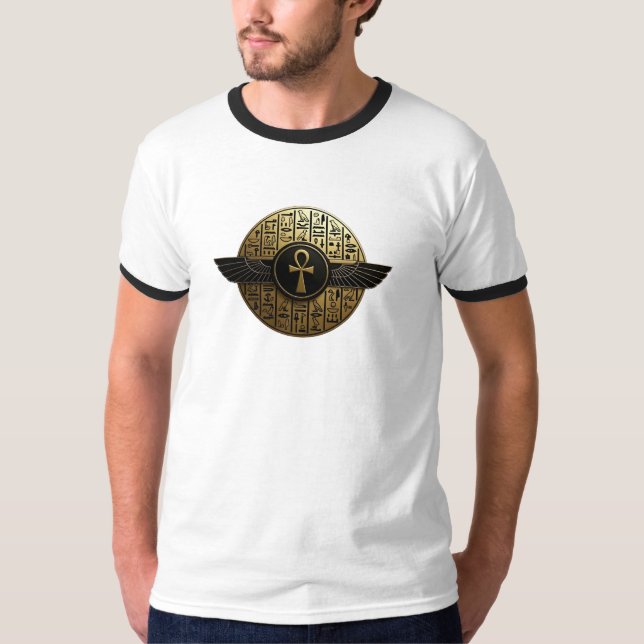 NeoAnkh 3D Golden Winged Ankh & Hieroglyphs T-Shirt (Vorderseite)