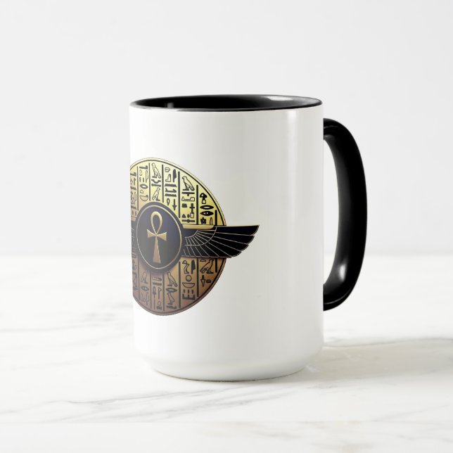 NeoAnkh 3D Golden Winged Ankh & Hieroglyphs Tasse (VorderseiteRechts)