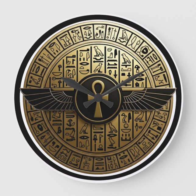 NeoAnkh Golden Ankh & Winged Sun Disk Hieroglyphic Große Wanduhr (Vorderseite)