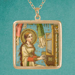NeoGothic St. Cecilia of Rome (Einzelheiten; BNG 0 Vergoldete Kette<br><div class="desc">In diesem Detail aus einem prächtigen neogotischen schweizer Hingabe, St. Cecilia von Rom (3. Jahrhundert) wird gezeigt, wie man eine aufrechte Pfeifenorgel vor einem Aquarell spielt, der mit Goldsteinen und Sternen gemustert ist. Ihr langes Aubrandhaar hängt locker und stürzt über die Schultern und den Rücken hinab. Sie trägt ein mittelalterliches,...</div>