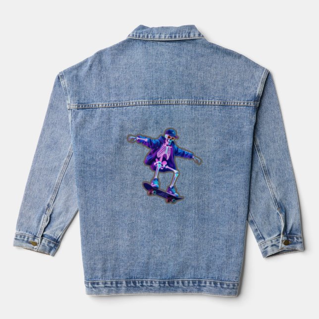 Neon 3D Skeleton Skateboarding – Funny Streetwear  Jeansjacke (Rückseite)