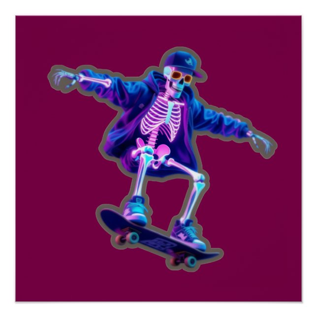 Neon 3D Skeleton Skateboarding – Funny Streetwear  Poster (Vorderseite)