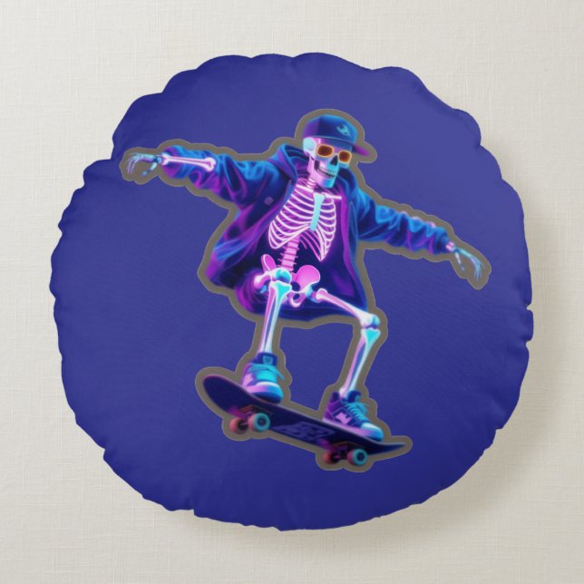Neon 3D Skeleton Skateboarding – Funny Streetwear  Rundes Kissen (Vorderseite)