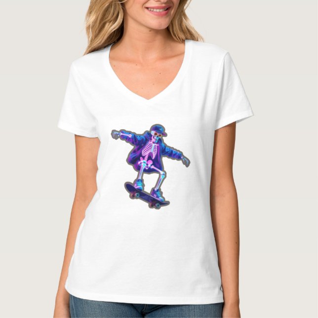 Neon 3D Skeleton Skateboarding – Funny Streetwear  T-Shirt (Vorderseite)