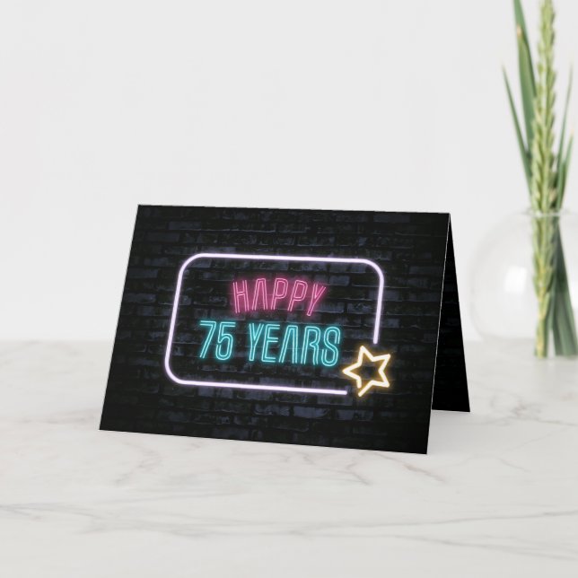 Neon 75. Geburtstag Sign On Brick Card Karte (Vorderseite)
