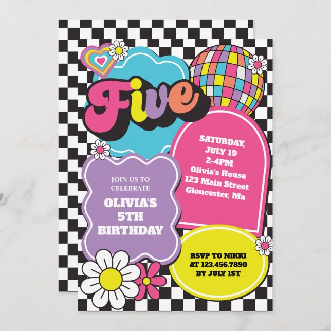 Neon 90s Retro 5. Geburtstag Einladung (Vorne/Hinten)