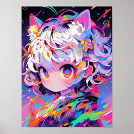 Neon Abstract Cat Girl Pop Art Poster