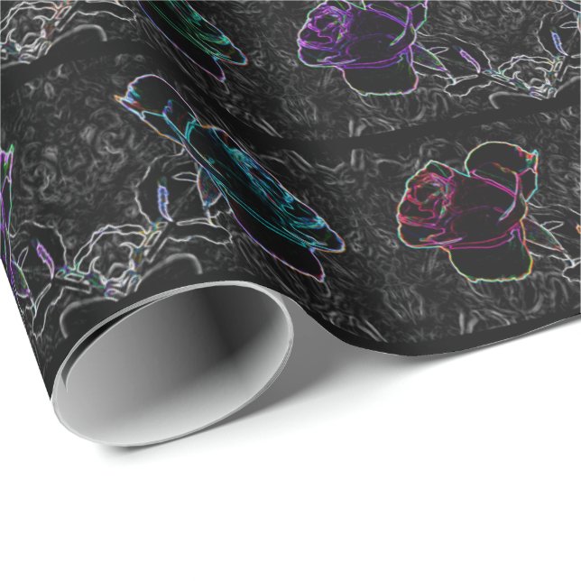 Neon, Abstrakte Rose auf Black 30" x 6' Roll of Geschenkpapier (Rolleneckpunkt)