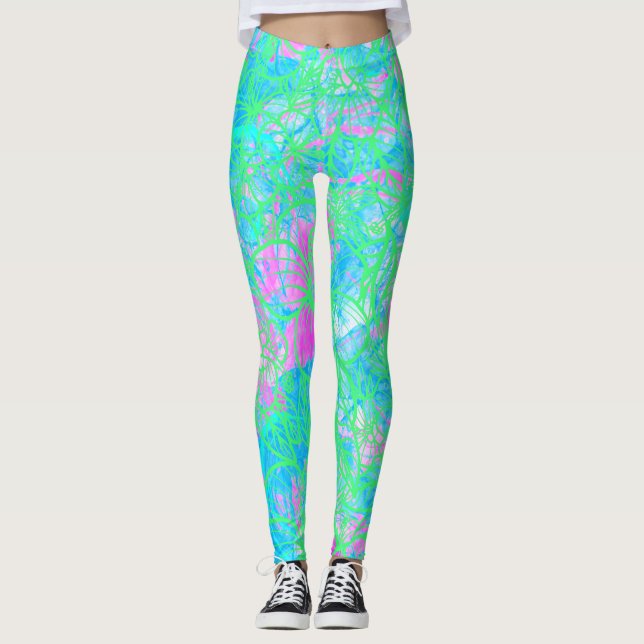 Neon Acid Exotic Tropical Fest Muster Leggings (Vorderseite)
