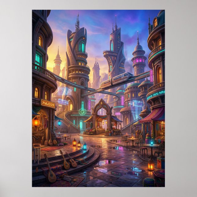Neon Alien City Sunset Square Poster (Vorne)