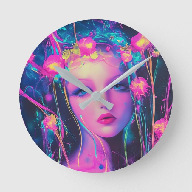 Neon Alien Goddess Runde Wanduhr (Vorderseite)