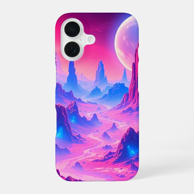 Neon-Alien-Planet iPhone 16-Hülle | Sci-Fi Kosmisc 16 Hülle (Rückseite)