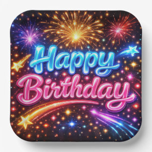 Neon Alles Gute zum Geburtstag Feuerwerk und Stern Pappteller