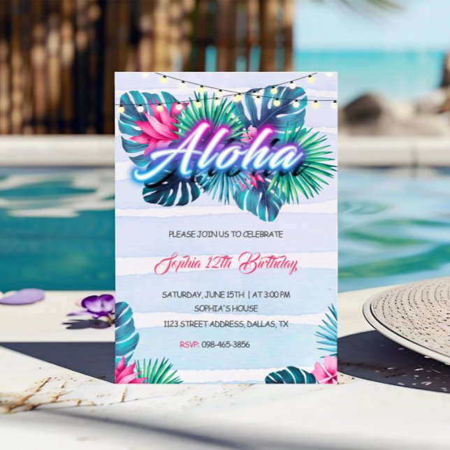 Neon Aloha Tropical zum Geburtstag Einladung (Von Creator hochgeladen)