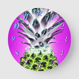 Neon Ananas farbenfrohe tropische Früchte Hawaii Runde Wanduhr