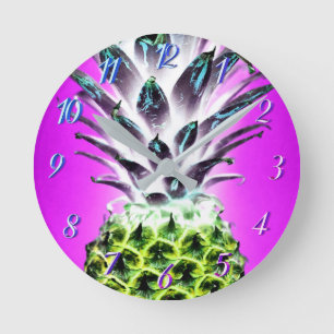 Neon Ananas farbenfrohe tropische Früchte Hawaii Runde Wanduhr