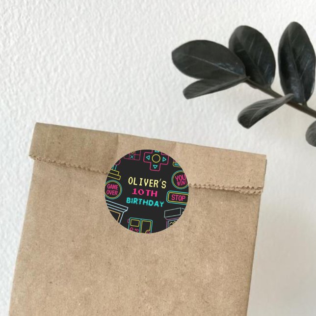 Neon Any Year Videospiele Arcade Geburtstag Runder Aufkleber (Von Creator hochgeladen)