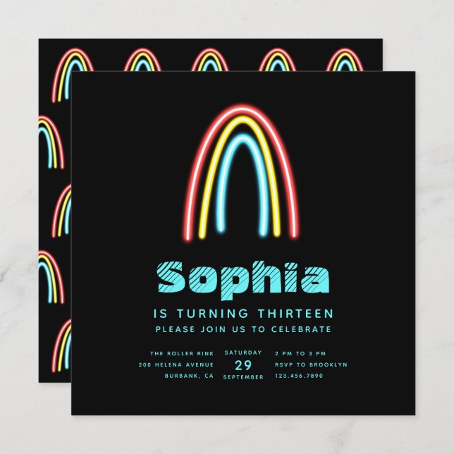 Neon Aquamarin Rainbow Birthday Party Einladung (Vorne/Hinten)