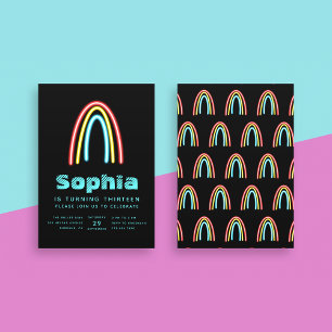 Neon Aquamarin Rainbow Birthday Party Einladung